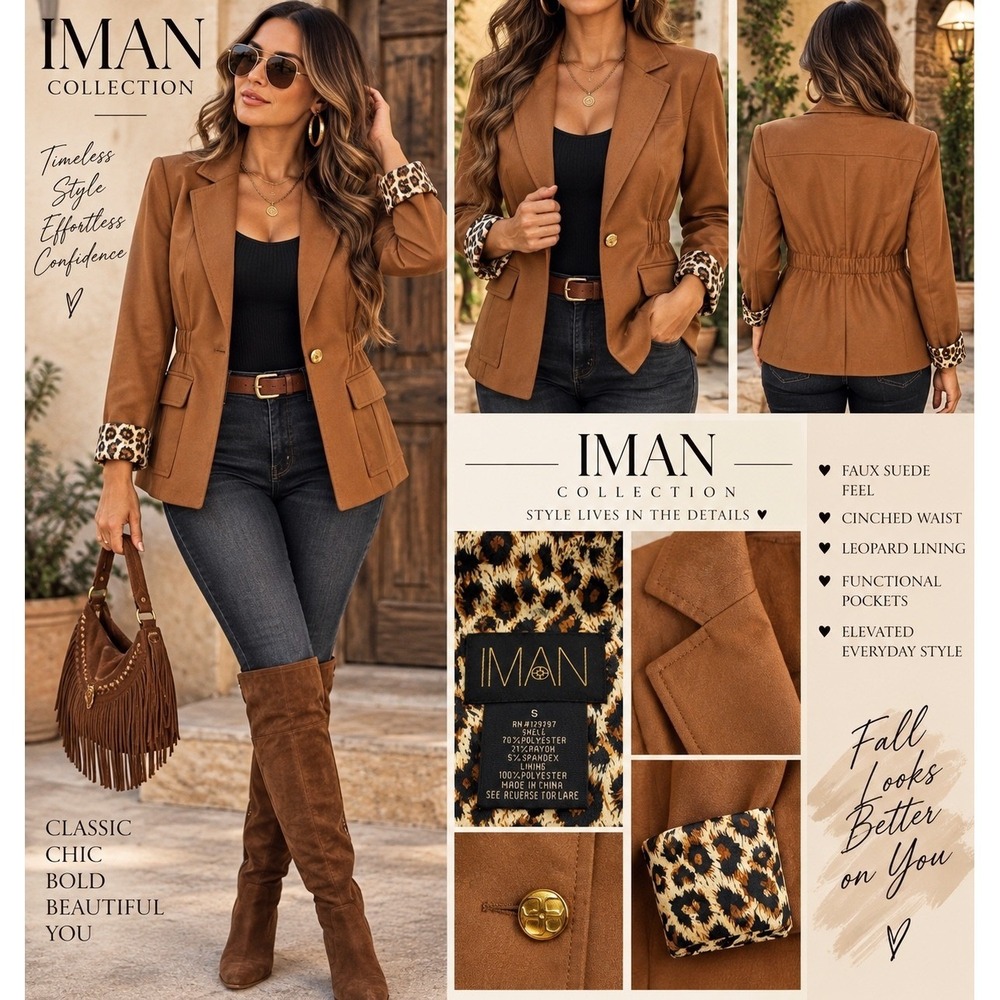IMAN Global Chic Faux Suede Cinched Waist Leopard Lining Blazer Brown Small